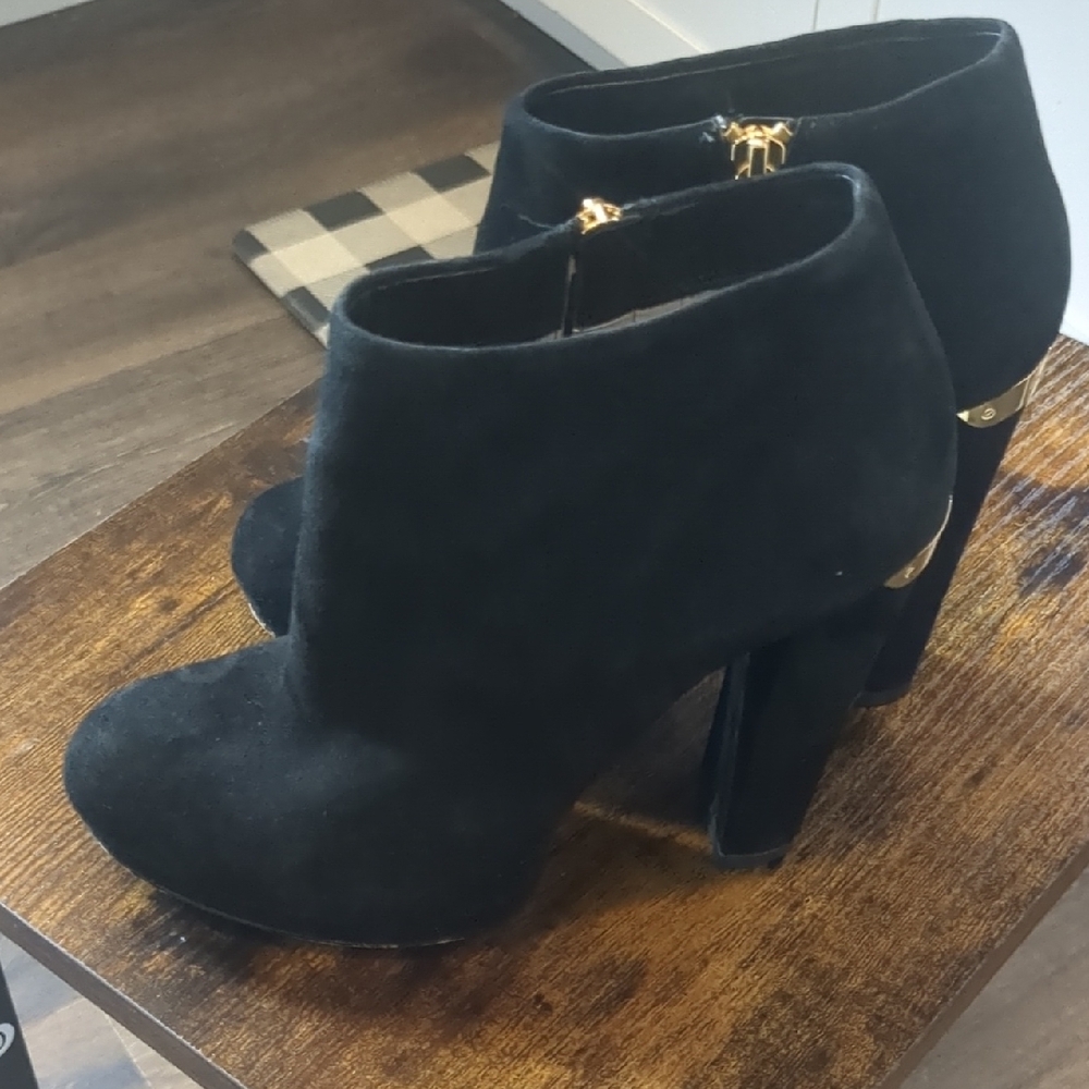 Michael Kors Black Suede Haven Platform Ankle Booties with Gold Accents - Picture 7 of 17